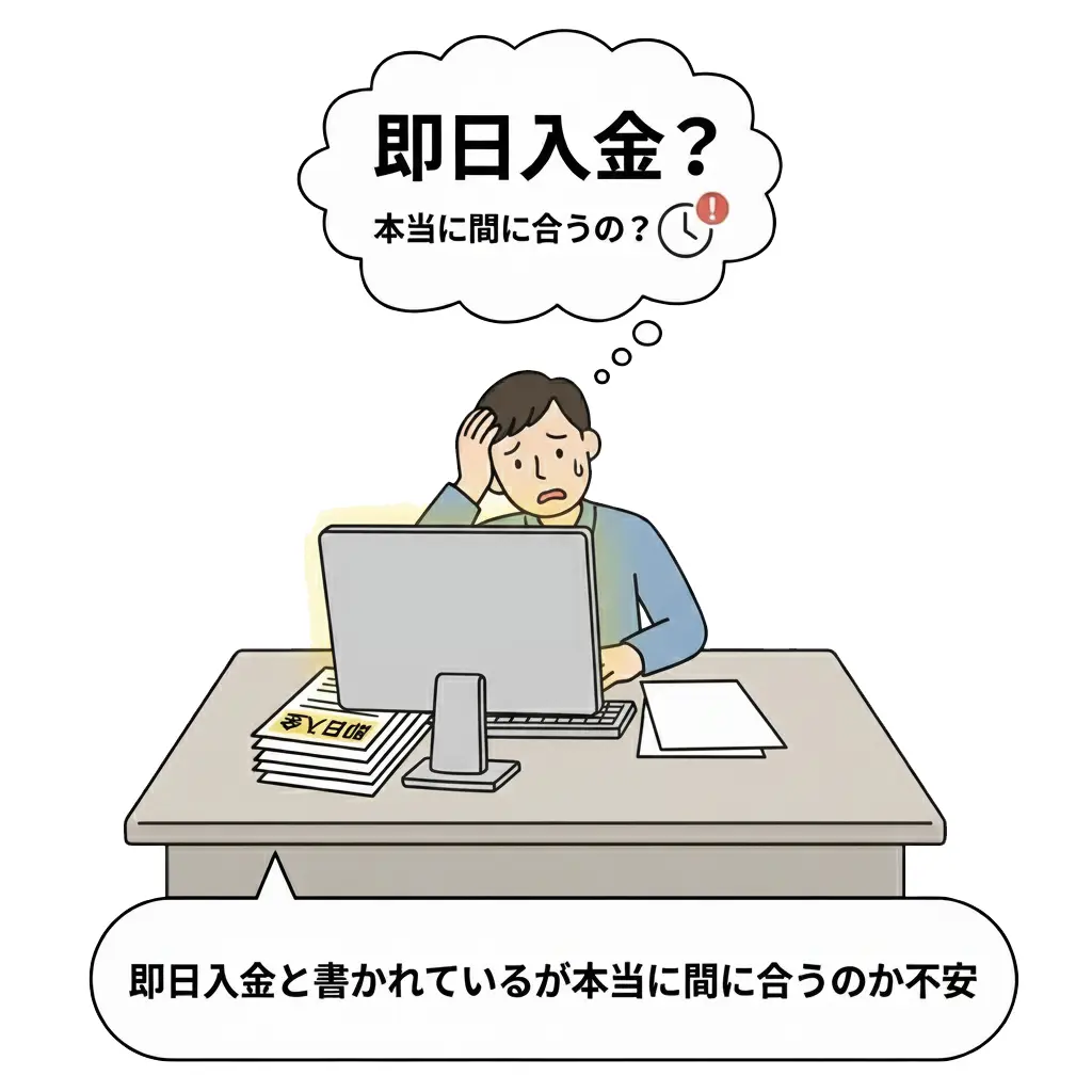 即日入金と書かれているが本当に間に合うのか不安